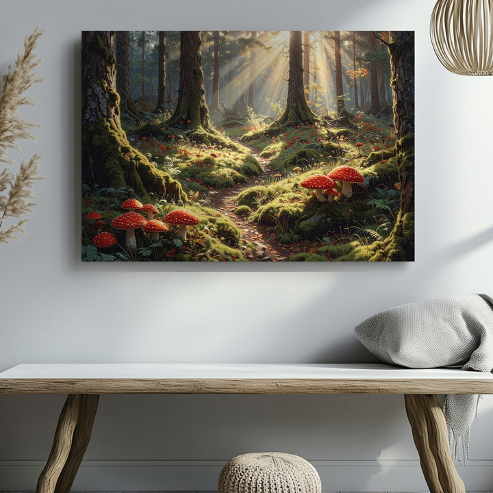 Enchanted Forest Path Canvas – Golden Sunlight and Red Mushrooms - Gifitto