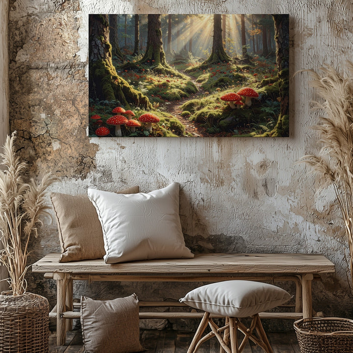 Enchanted Forest Path Canvas – Golden Sunlight and Red Mushrooms - Gifitto