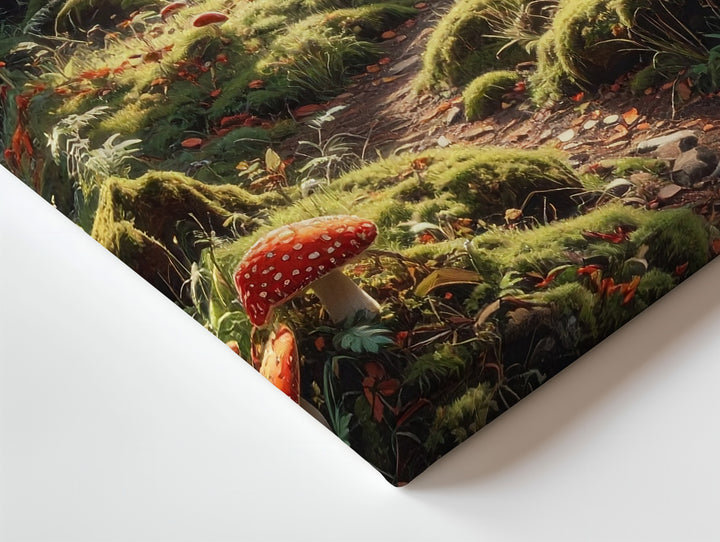 Enchanted Forest Path Canvas – Golden Sunlight and Red Mushrooms - Gifitto