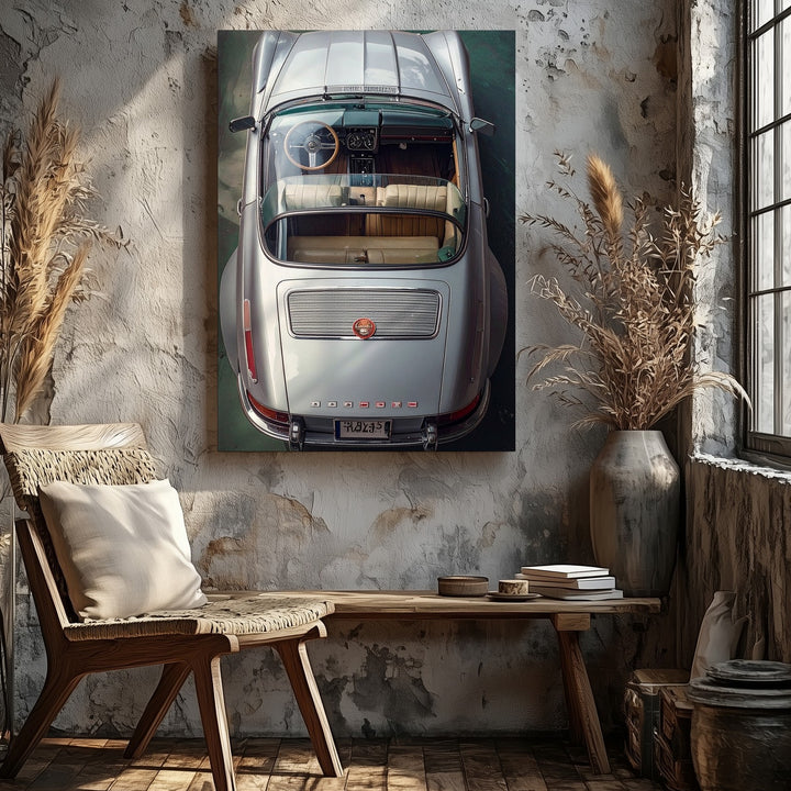 Top-Down Silver Porsche Canvas – Architectural Vintage Car Wall Art - Gifitto