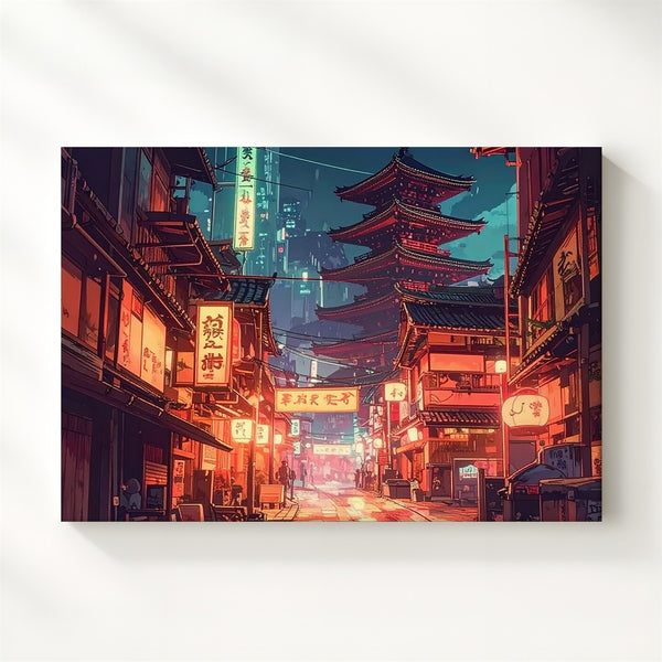 Cyber-Nostalgic Night Street Canvas – Japanese Lanterns & Pagoda Wall Art - Gifitto
