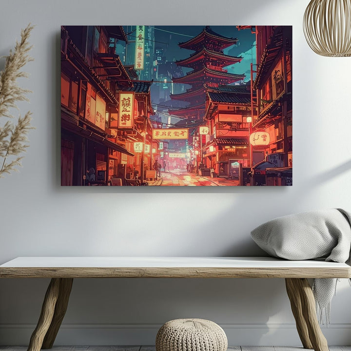 Cyber-Nostalgic Night Street Canvas – Japanese Lanterns & Pagoda Wall Art - Gifitto