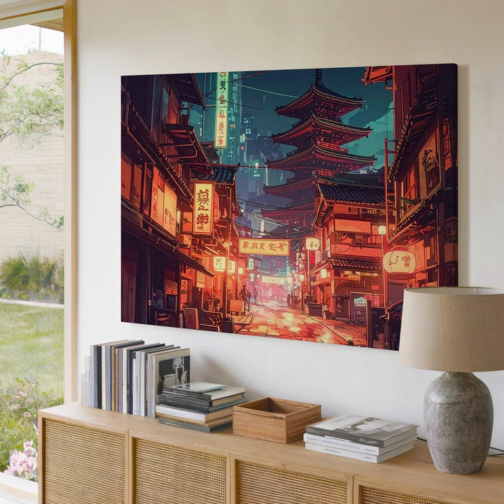 Cyber-Nostalgic Night Street Canvas – Japanese Lanterns & Pagoda Wall Art - Gifitto