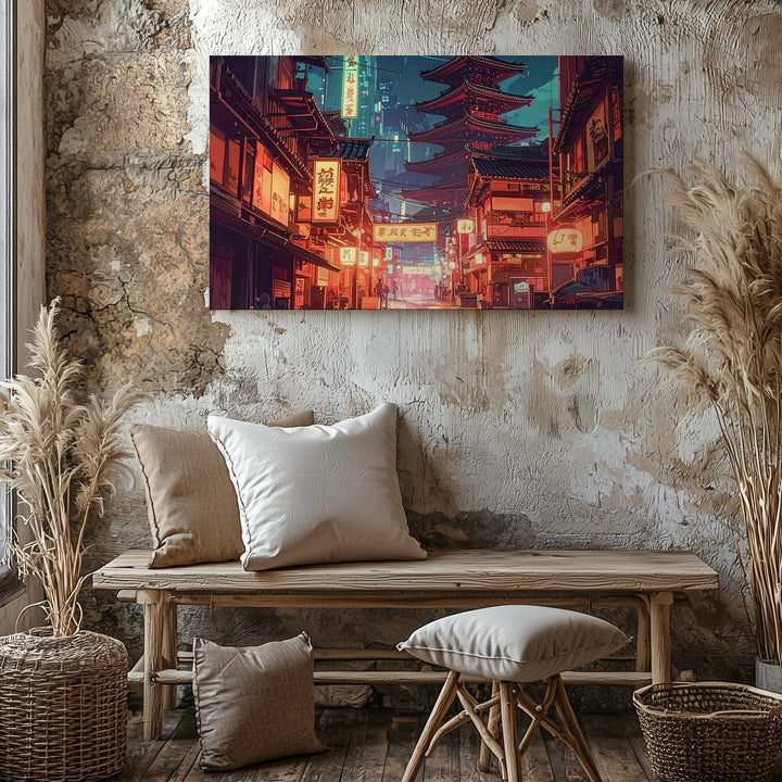 Cyber-Nostalgic Night Street Canvas – Japanese Lanterns & Pagoda Wall Art - Gifitto