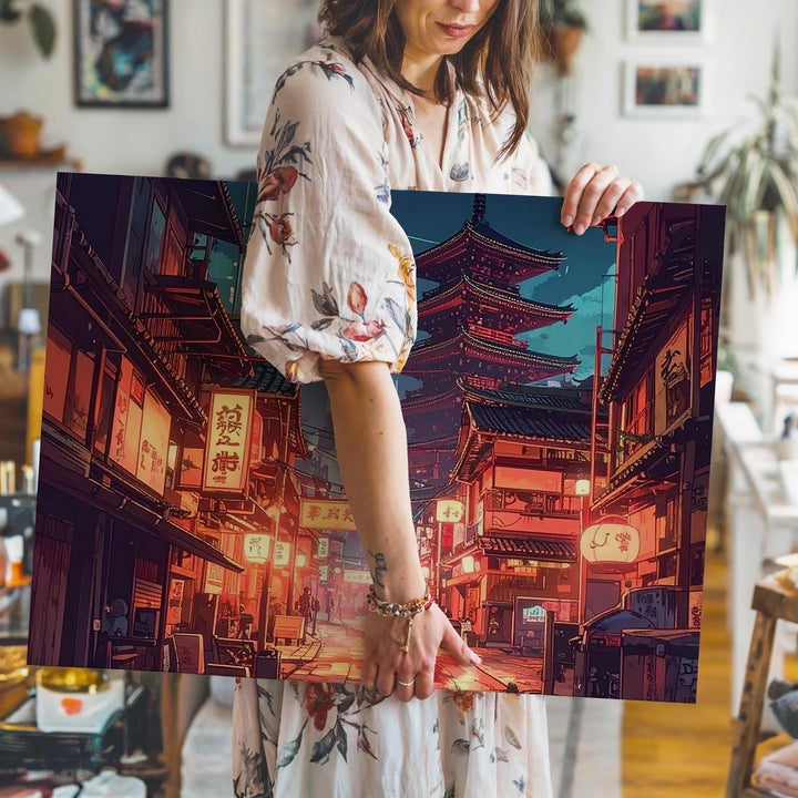 Cyber-Nostalgic Night Street Canvas – Japanese Lanterns & Pagoda Wall Art - Gifitto