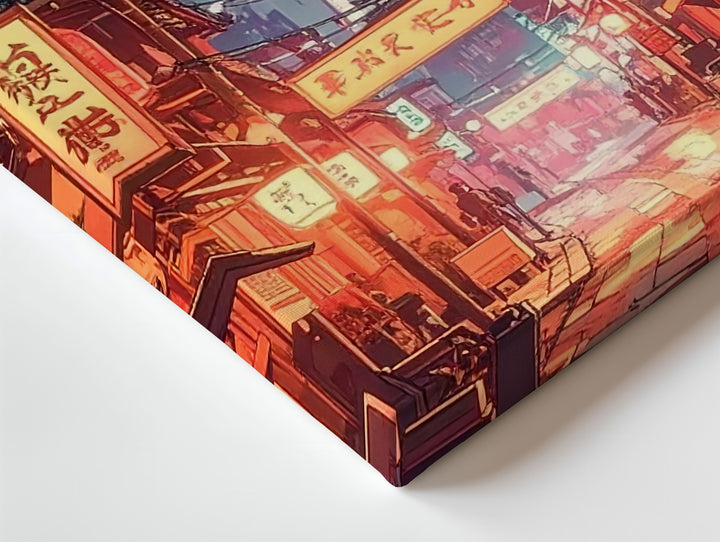 Cyber-Nostalgic Night Street Canvas – Japanese Lanterns & Pagoda Wall Art - Gifitto