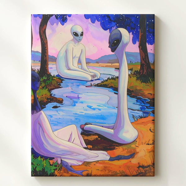 Interspecies Harmony Canvas – Human and Alien in Tranquil River Setting - Gifitto