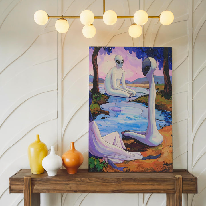 Interspecies Harmony Canvas – Human and Alien in Tranquil River Setting - Gifitto