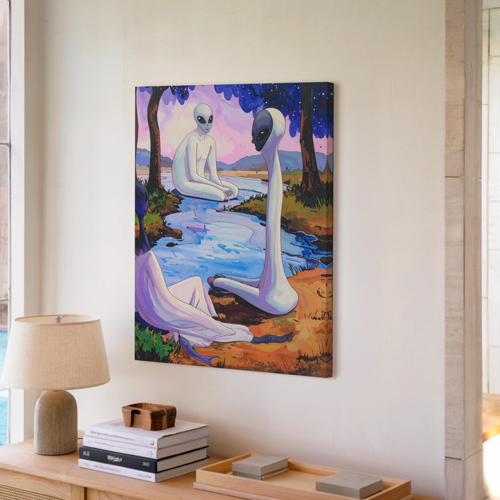 Interspecies Harmony Canvas – Human and Alien in Tranquil River Setting - Gifitto