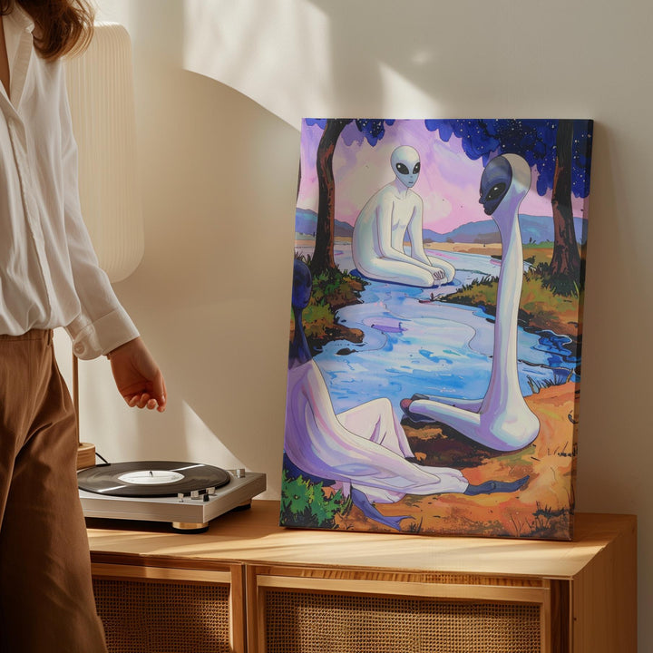 Interspecies Harmony Canvas – Human and Alien in Tranquil River Setting - Gifitto