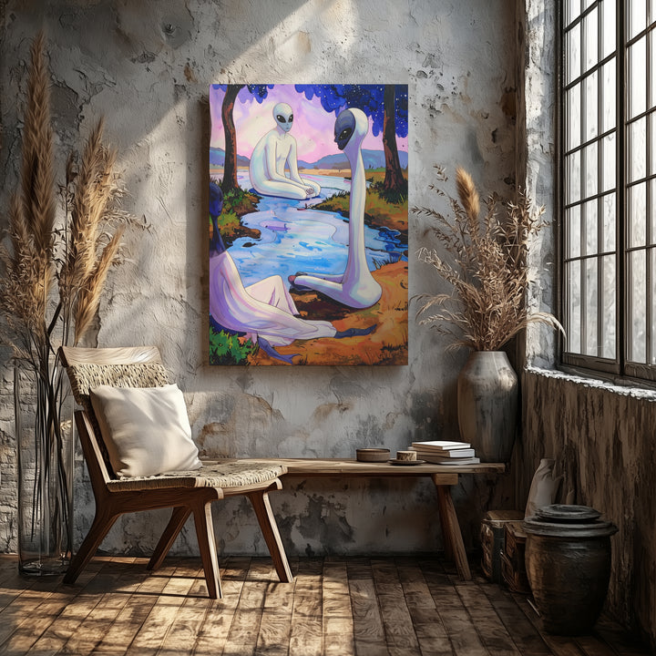 Interspecies Harmony Canvas – Human and Alien in Tranquil River Setting - Gifitto