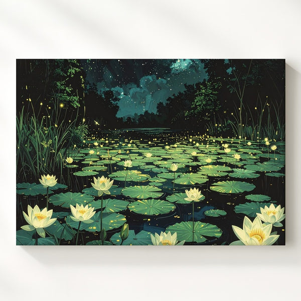 Mystical Night Pond Canvas – Lotus Flowers and Fireflies Under Starlit Sky - Gifitto