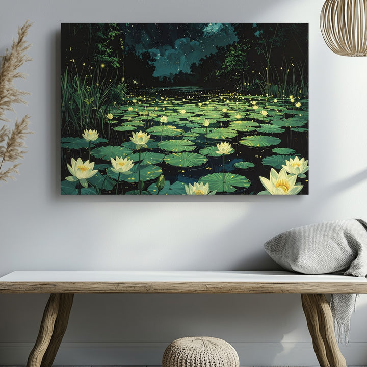 Mystical Night Pond Canvas – Lotus Flowers and Fireflies Under Starlit Sky - Gifitto