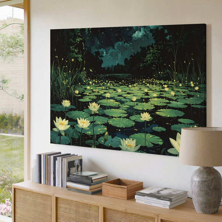 Mystical Night Pond Canvas – Lotus Flowers and Fireflies Under Starlit Sky - Gifitto