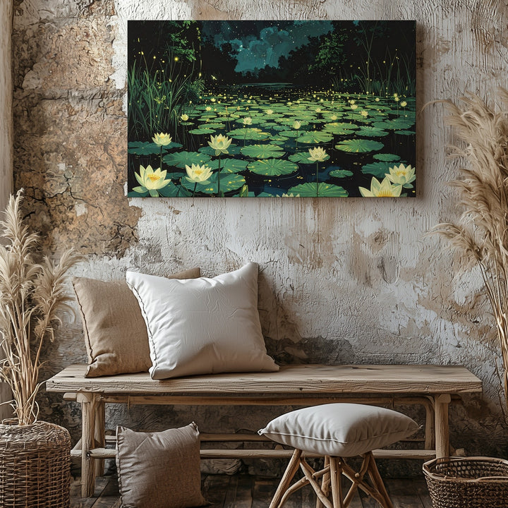 Mystical Night Pond Canvas – Lotus Flowers and Fireflies Under Starlit Sky - Gifitto