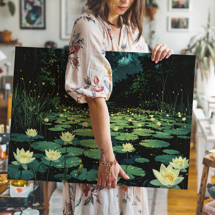 Mystical Night Pond Canvas – Lotus Flowers and Fireflies Under Starlit Sky - Gifitto