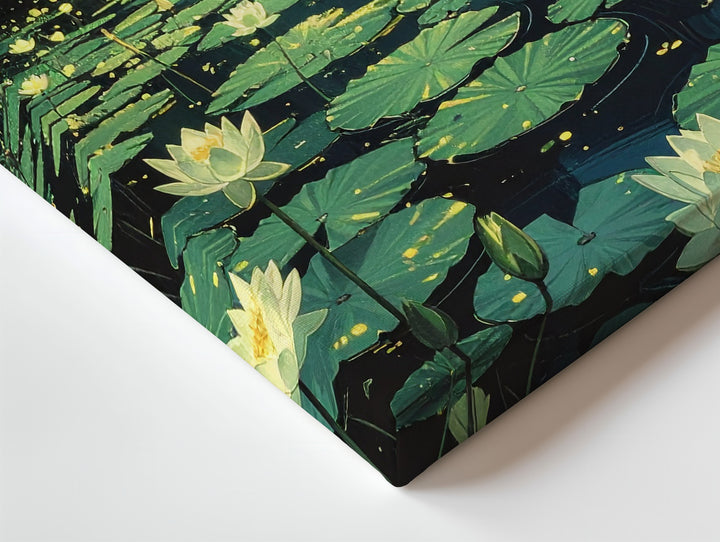 Mystical Night Pond Canvas – Lotus Flowers and Fireflies Under Starlit Sky - Gifitto