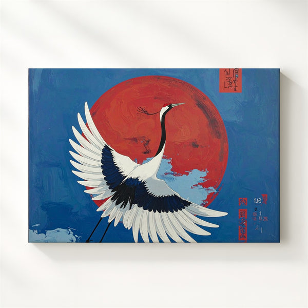 White Crane & Red Sun Canvas – Minimalist Japanese Symbolism Wall Art - Gifitto