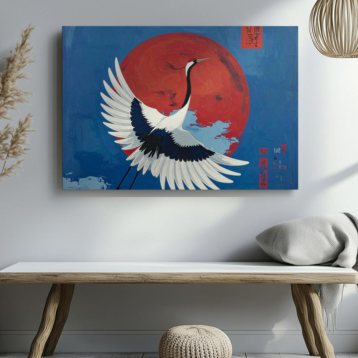 White Crane & Red Sun Canvas – Minimalist Japanese Symbolism Wall Art - Gifitto