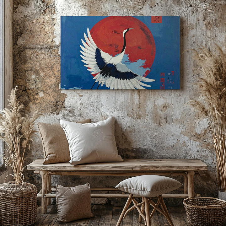 White Crane & Red Sun Canvas – Minimalist Japanese Symbolism Wall Art - Gifitto