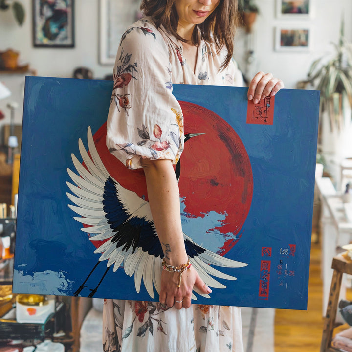 White Crane & Red Sun Canvas – Minimalist Japanese Symbolism Wall Art - Gifitto