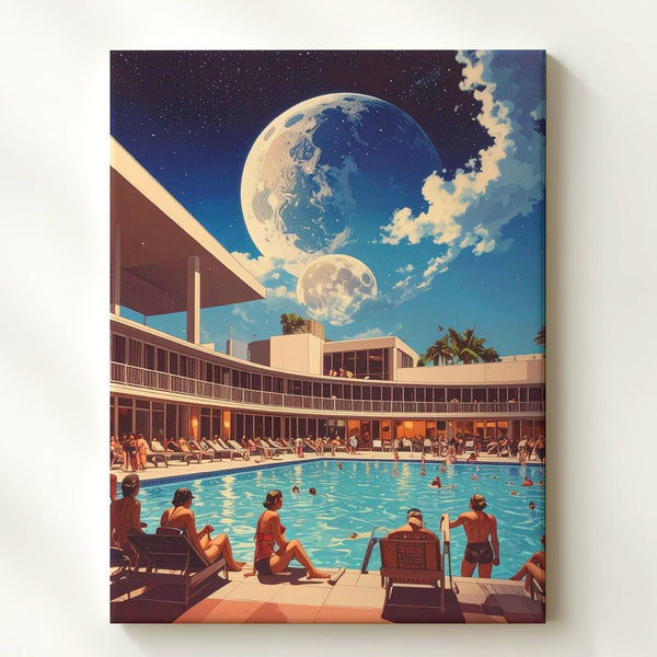 Retro Poolside Canvas – Vintage Swimsuits and Surreal Moonlit Summer Scene - Gifitto
