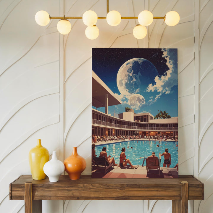 Retro Poolside Canvas – Vintage Swimsuits and Surreal Moonlit Summer Scene - Gifitto
