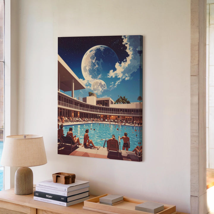 Retro Poolside Canvas – Vintage Swimsuits and Surreal Moonlit Summer Scene - Gifitto