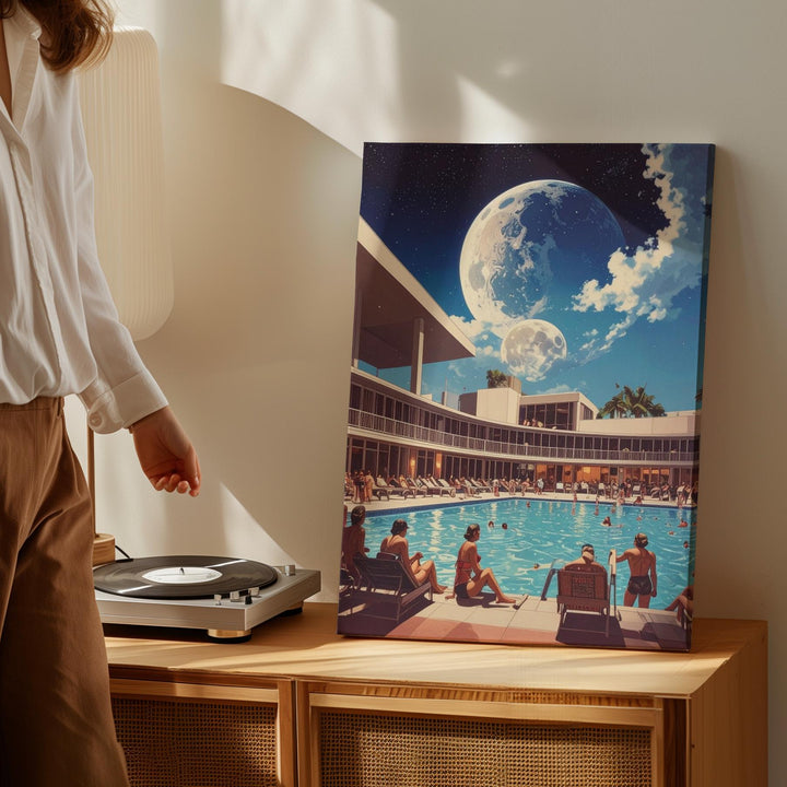 Retro Poolside Canvas – Vintage Swimsuits and Surreal Moonlit Summer Scene - Gifitto