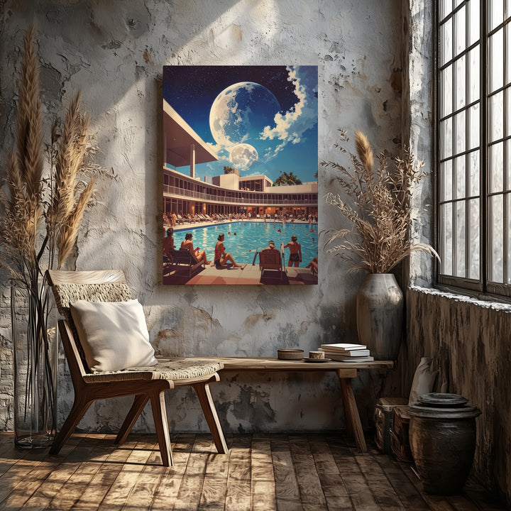 Retro Poolside Canvas – Vintage Swimsuits and Surreal Moonlit Summer Scene - Gifitto