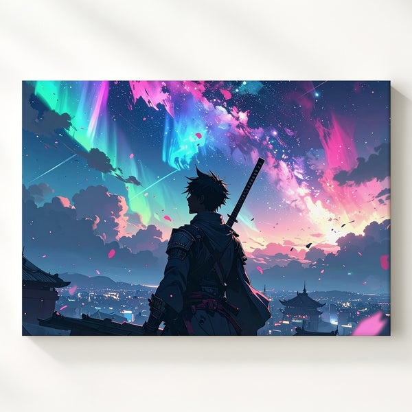 Cyber-Fantasy Warrior Canvas – Katana Figure Under Aurora Sky - Gifitto