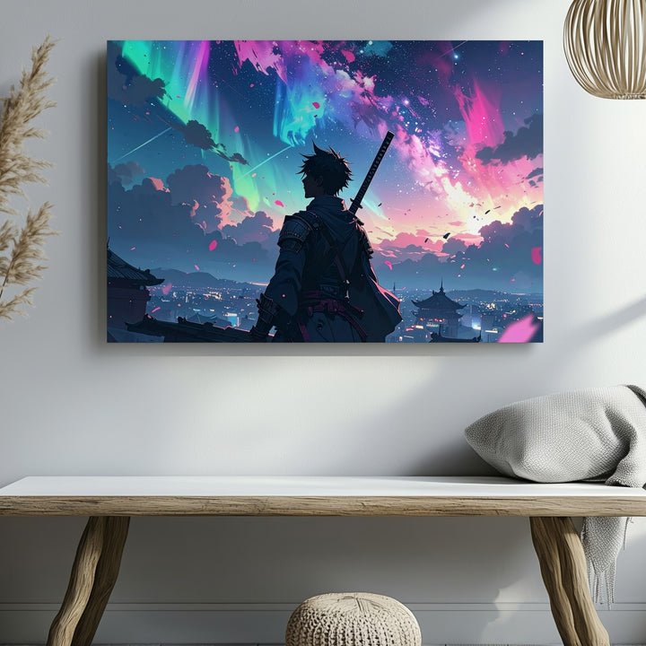 Cyber-Fantasy Warrior Canvas – Katana Figure Under Aurora Sky - Gifitto