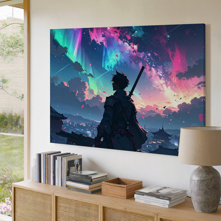 Cyber-Fantasy Warrior Canvas – Katana Figure Under Aurora Sky - Gifitto