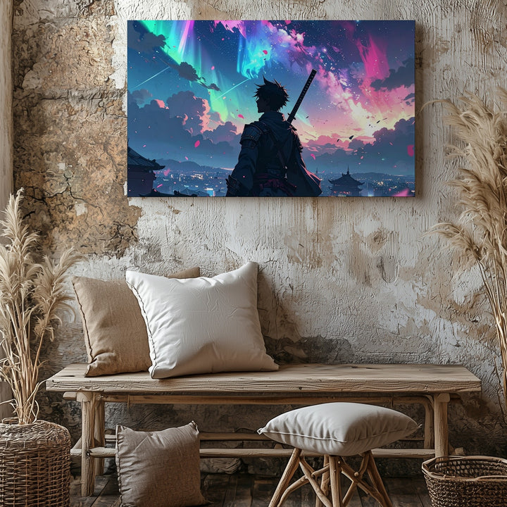 Cyber-Fantasy Warrior Canvas – Katana Figure Under Aurora Sky - Gifitto