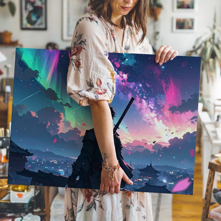 Cyber-Fantasy Warrior Canvas – Katana Figure Under Aurora Sky - Gifitto