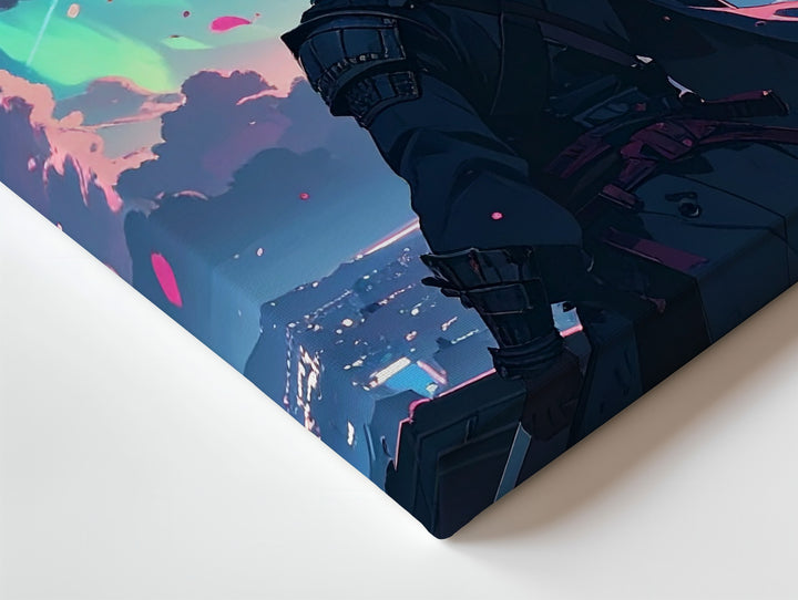 Cyber-Fantasy Warrior Canvas – Katana Figure Under Aurora Sky - Gifitto