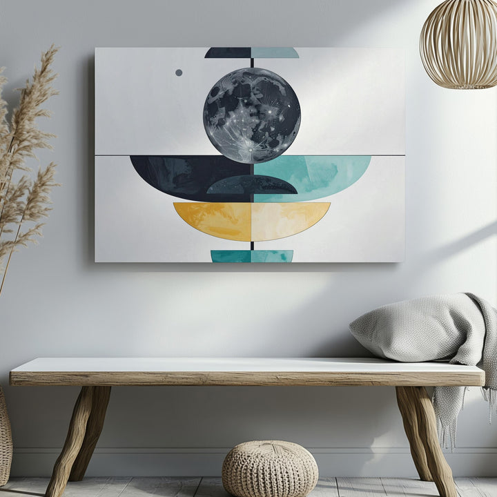 Modern Abstract Moon Canvas – Geometric Black Moon with Symmetrical Color Blocks - Gifitto