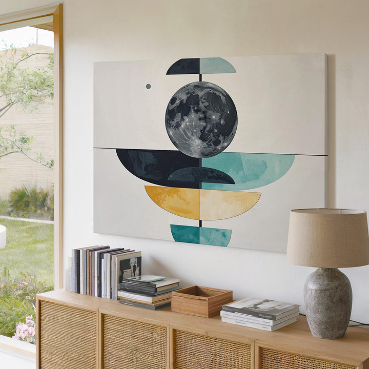 Modern Abstract Moon Canvas – Geometric Black Moon with Symmetrical Color Blocks - Gifitto