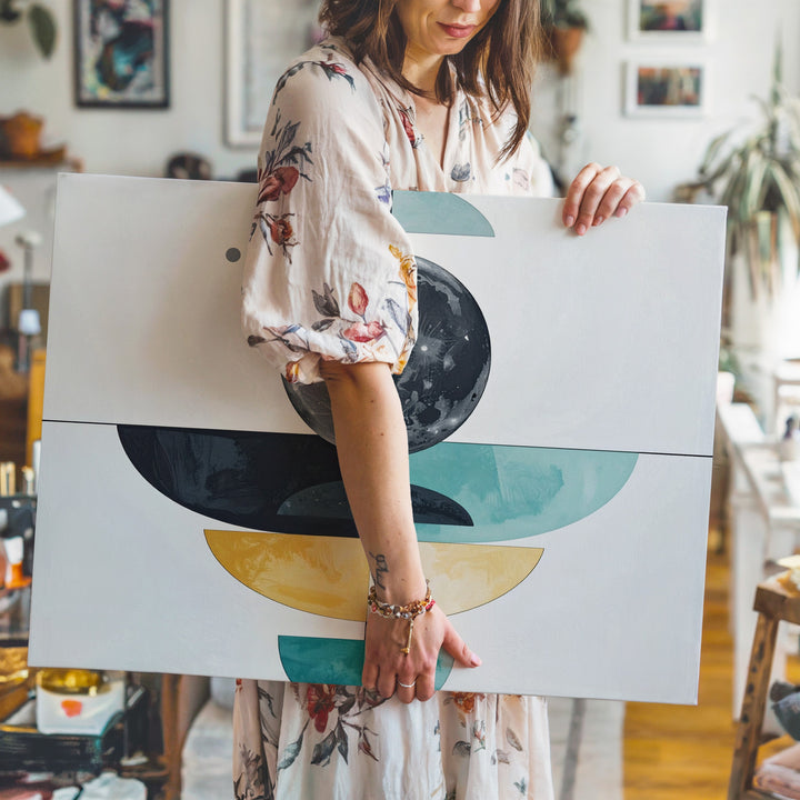 Modern Abstract Moon Canvas – Geometric Black Moon with Symmetrical Color Blocks - Gifitto