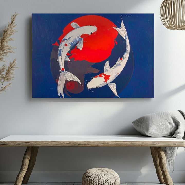 Yin-Yang Koi & Red Sun Canvas – Minimalist Japanese Balance Wall Art - Gifitto