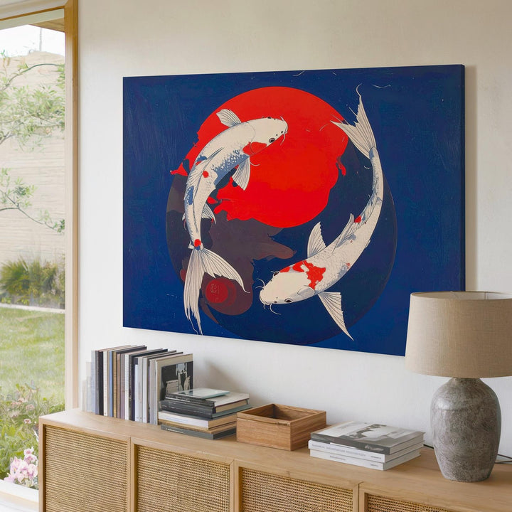 Yin-Yang Koi & Red Sun Canvas – Minimalist Japanese Balance Wall Art - Gifitto