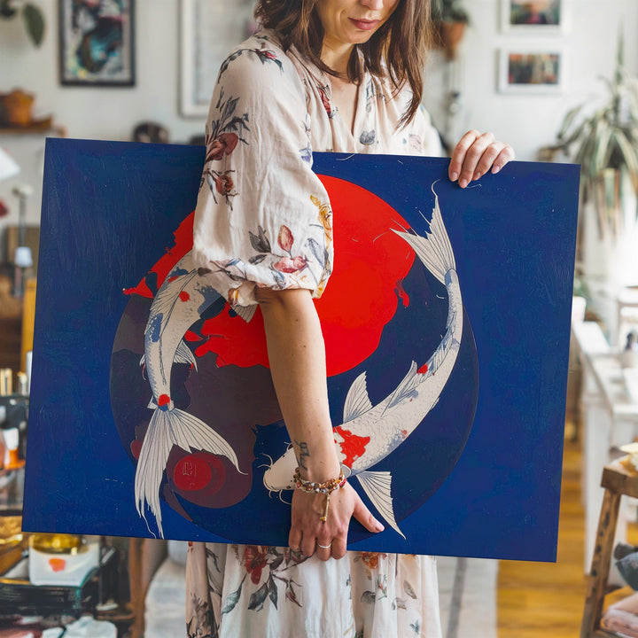 Yin-Yang Koi & Red Sun Canvas – Minimalist Japanese Balance Wall Art - Gifitto