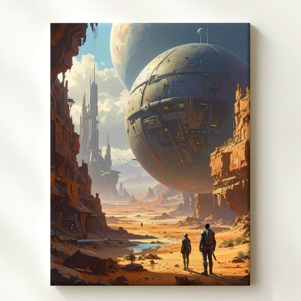 Futuristic Desert Canvas – Alien City and Spherical Object in Vast Landscape - Gifitto