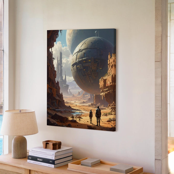 Futuristic Desert Canvas – Alien City and Spherical Object in Vast Landscape - Gifitto