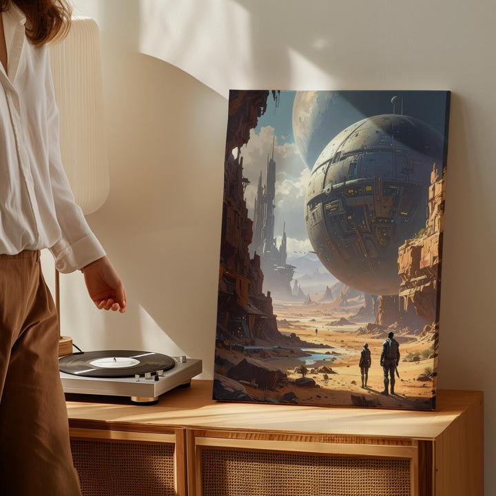 Futuristic Desert Canvas – Alien City and Spherical Object in Vast Landscape - Gifitto