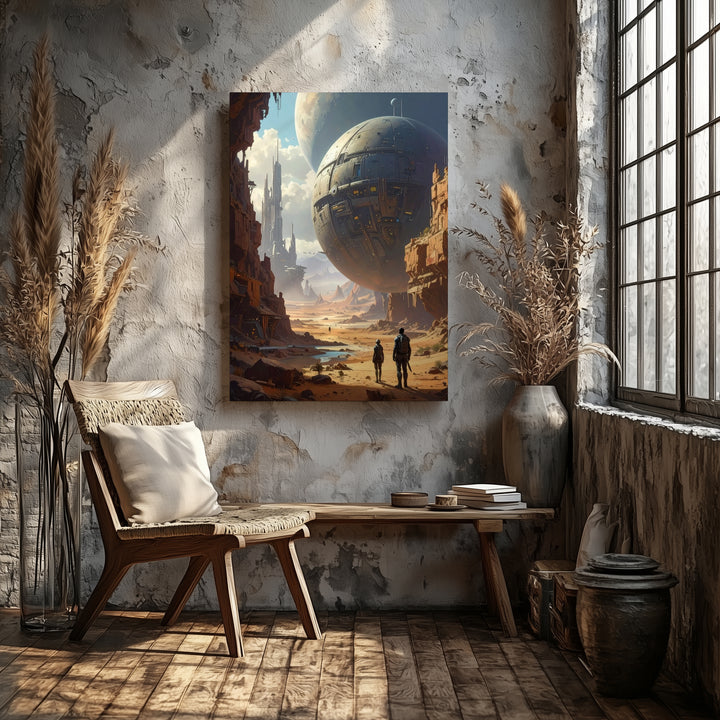Futuristic Desert Canvas – Alien City and Spherical Object in Vast Landscape - Gifitto