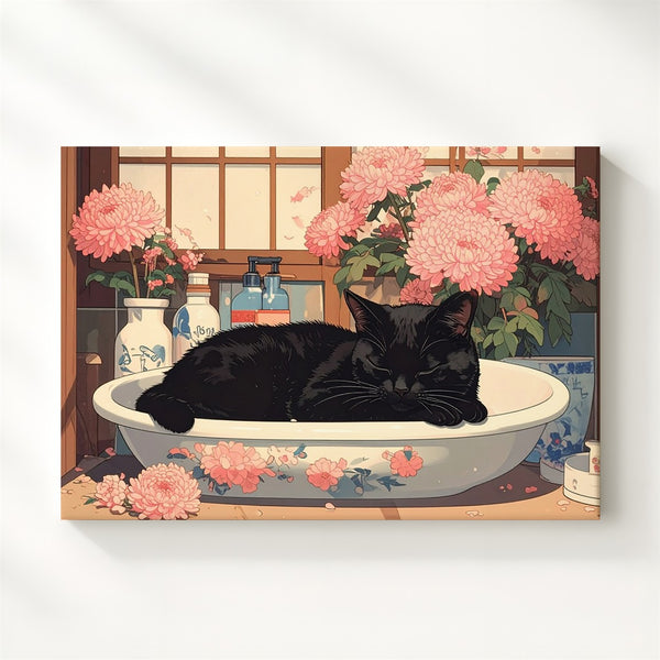 Chrysanthemum Sink Cat Canvas – Vintage Japanese Floral Home Art - Gifitto