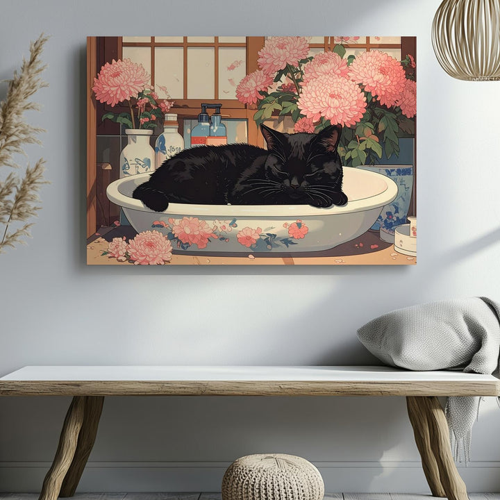 Chrysanthemum Sink Cat Canvas – Vintage Japanese Floral Home Art - Gifitto