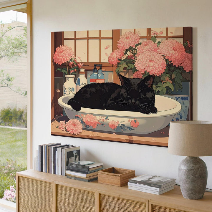 Chrysanthemum Sink Cat Canvas – Vintage Japanese Floral Home Art - Gifitto