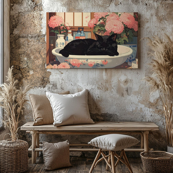 Chrysanthemum Sink Cat Canvas – Vintage Japanese Floral Home Art - Gifitto
